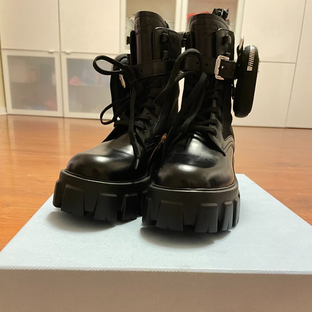 PRADA Leather Zip Pocket Combat Booties - Size 7(US) / 37 (EU)